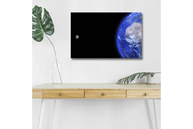 Canvastavla med LED-belysning - Jorden och månen i rymden - Blå / Grå / Svart - Inredning - Tavlor & konst - Canvastavlor