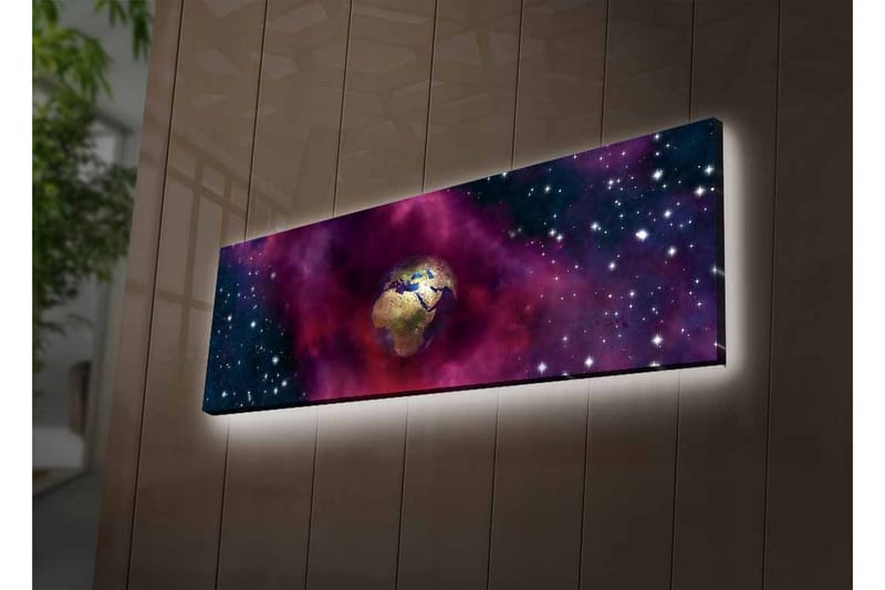 Canvastavla med LED-belysning - Jorden omgiven av en stjärnklar rymd med färgglada nebulosor - Lila / Blå / Guld - Inredning - Tavlor & konst - Canvastavlor