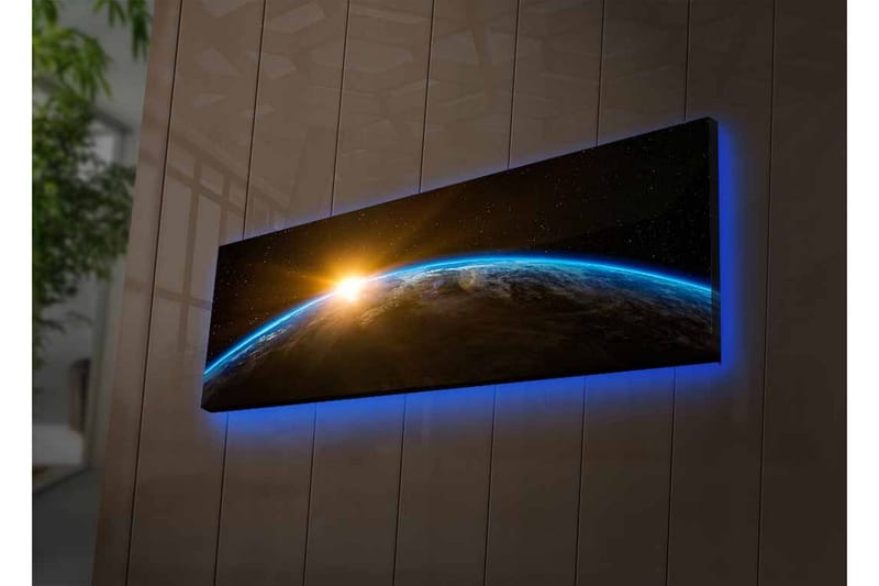 Canvastavla med LED-belysning - Jorden sedd från rymden med en soluppgång i horisonten - Blå / Orange / Svart - Inredning - Tavlor & konst - Canvastavlor