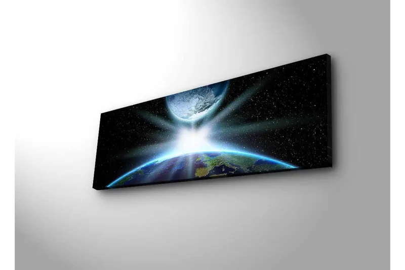 Canvastavla med LED-belysning - Jorden sedd från rymden med strålar av ljus som bryter genom atmosfären - Blå / Grön / Svart - Inredning - Tavlor & konst - Canvastavlor