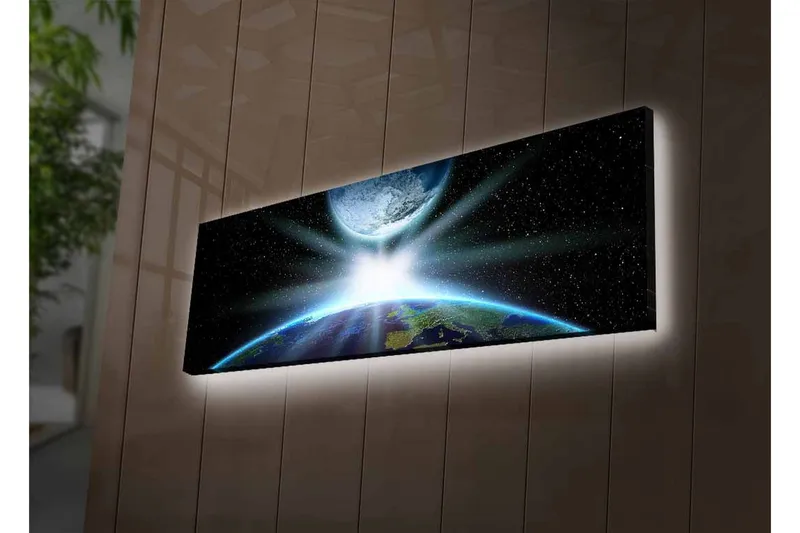 Canvastavla med LED-belysning - Jorden sedd från rymden med strålar av ljus som bryter genom atmosfären - Blå / Grön / Svart - Inredning - Tavlor & konst - Canvastavlor
