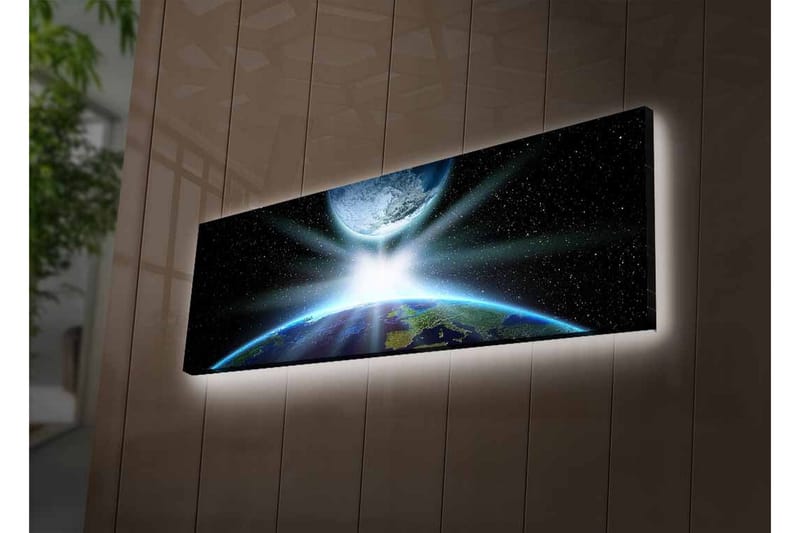 Canvastavla med LED-belysning - Jorden sedd från rymden med strålar av ljus som bryter genom atmosfären - Blå / Grön / Svart - Inredning - Tavlor & konst - Canvastavlor