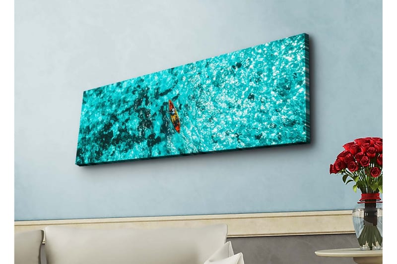 Canvastavla med LED-belysning - Kajak som paddlar över turkost vatten - Turkos / Mörkblå / Röd - Inredning - Tavlor & konst - Canvastavlor