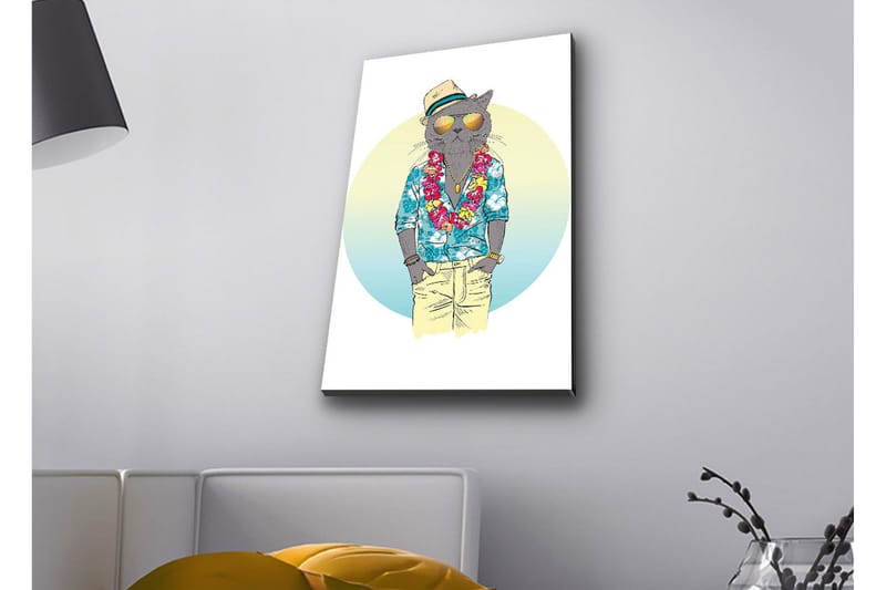 Canvastavla med LED-belysning - Katt i somrig klädsel med blommig krans och solglasögon - Blå / Grön / Beige - Inredning - Tavlor & konst - Canvastavlor