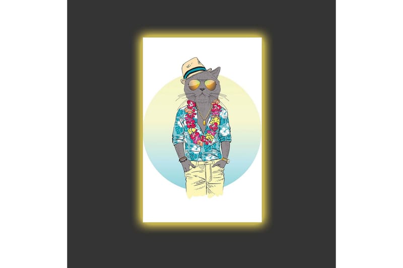 Canvastavla med LED-belysning - Katt i somrig klädsel med blommig krans och solglasögon - Blå / Grön / Beige - Inredning - Tavlor & konst - Canvastavlor