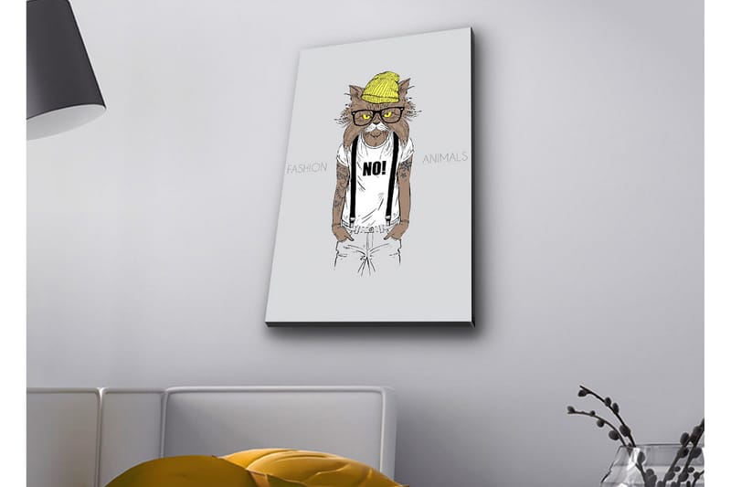Canvastavla med LED-belysning - Katt med hipsterstil i kläder och glasögon, Gul / Brun / Vit