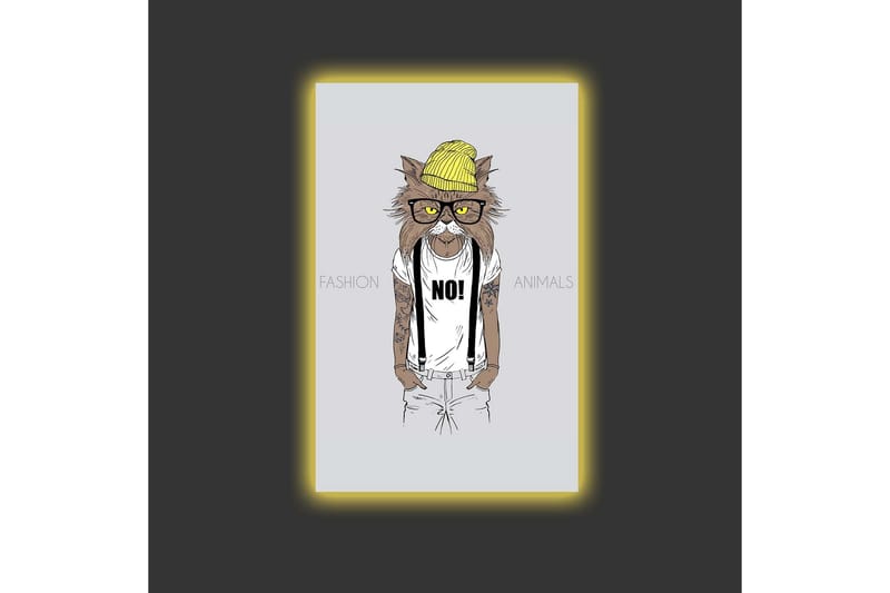 Canvastavla med LED-belysning - Katt med hipsterstil i kläder och glasögon - Gul / Brun / Vit - Inredning - Tavlor & konst - Canvastavlor