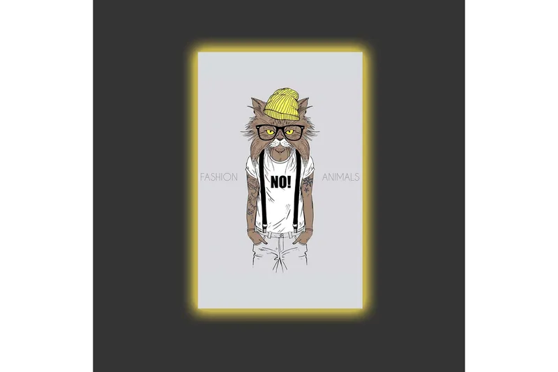 Canvastavla med LED-belysning - Katt med hipsterstil i kläder och glasögon - Gul / Brun / Vit - Inredning - Tavlor & konst - Canvastavlor