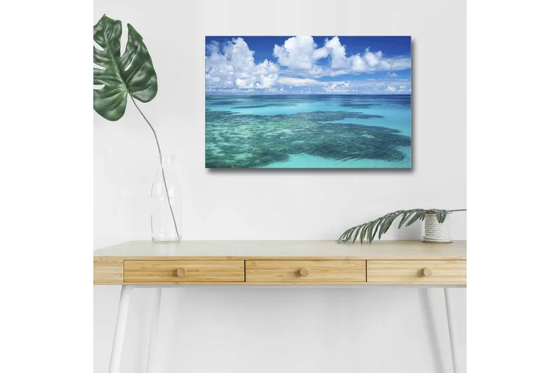 Canvastavla med LED-belysning - Klarblå havsutsikt med korallrev och vita moln, Blå / Turkos / Vit