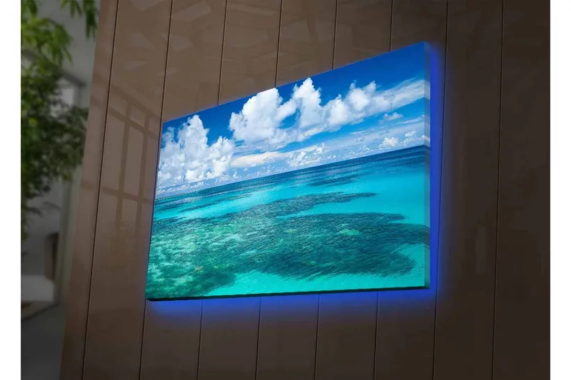 Canvastavla med LED-belysning - Klarblå havsutsikt med korallrev och vita moln - Blå / Turkos / Vit - Inredning - Tavlor & konst - Canvastavlor
