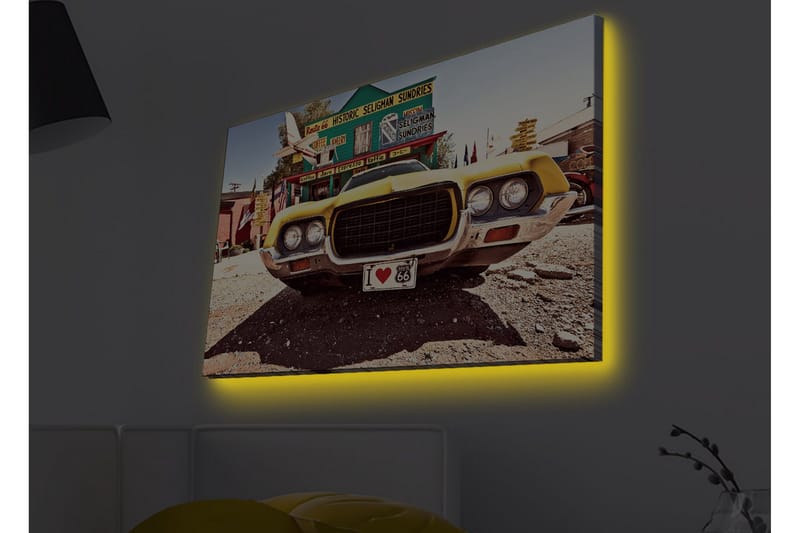 Canvastavla med LED-belysning - Klassisk amerikansk bil i retrostil - Gul / Grå / Svart - Inredning - Tavlor & konst - Canvastavlor