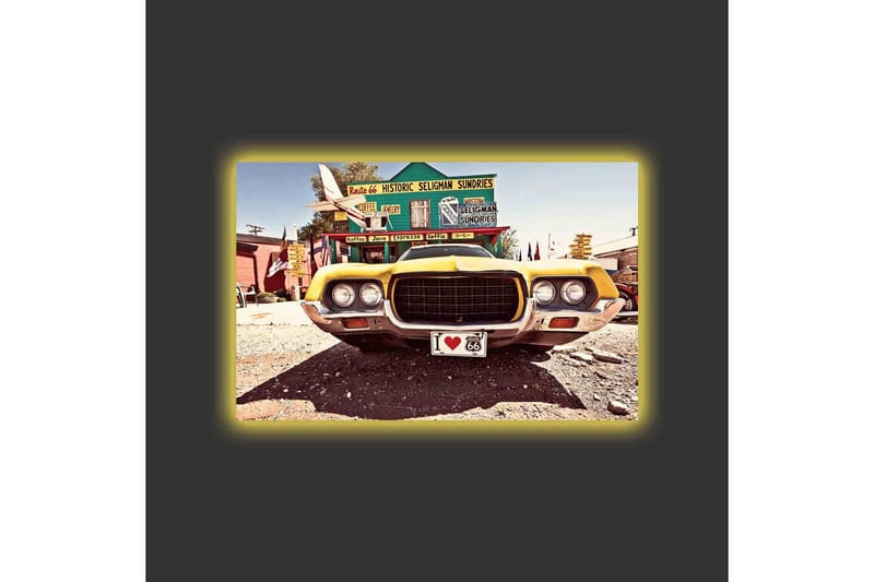 Canvastavla med LED-belysning - Klassisk amerikansk bil i retrostil - Gul / Grå / Svart - Inredning - Tavlor & konst - Canvastavlor