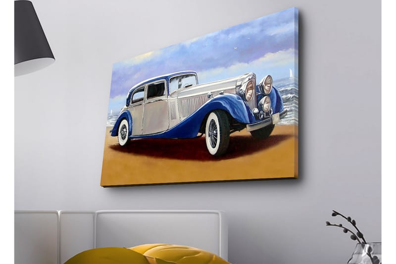 Canvastavla med LED-belysning - Klassisk bil vid havet med en dramatisk himmel i bakgrunden - Blå / Silver / Beige - Inredning - Tavlor & konst - Canvastavlor