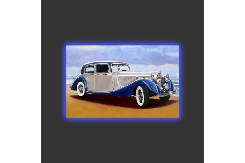 Canvastavla med LED-belysning - Klassisk bil vid havet med en dramatisk himmel i bakgrunden - Blå / Silver / Beige - Inredning - Tavlor & konst - Canvastavlor