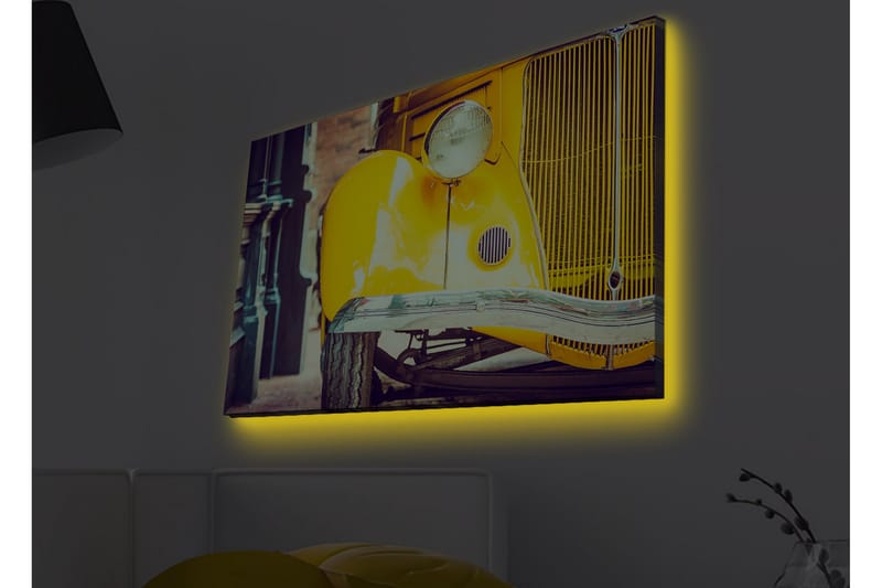 Canvastavla med LED-belysning - Klassisk gul bil med retrodesign, Gul / Svart / Grå