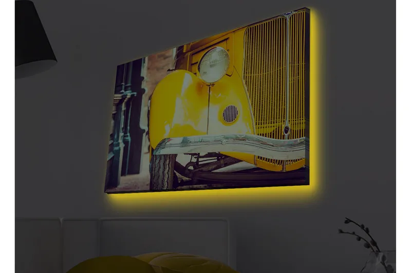 Canvastavla med LED-belysning - Klassisk gul bil med retrodesign, Gul / Svart / Grå