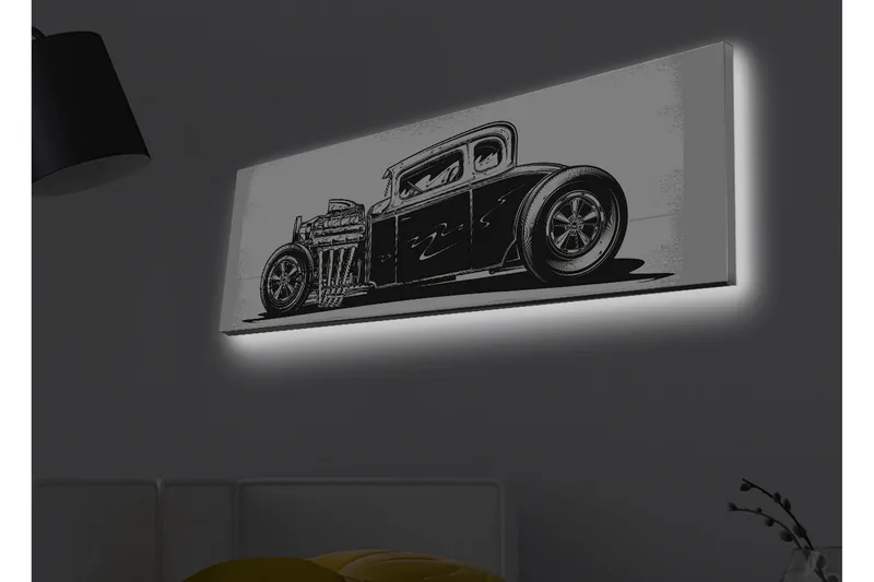 Canvastavla med LED-belysning - Klassisk hot rod-bil i svartvitt, Svart / Vitt