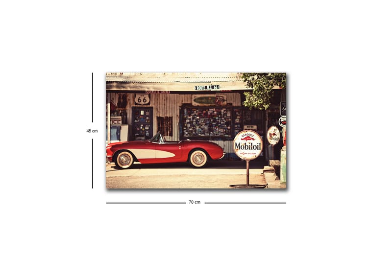 Canvastavla med LED-belysning - Klassisk röd sportbil framför en vintage bensinstation - Röd / Grå / Vit - Inredning - Tavlor & konst - Canvastavlor