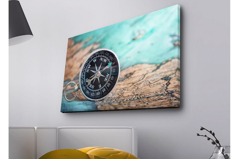 Canvastavla med LED-belysning - Kompass på en gammal karta med havstema - Turkos / Brunt / Svart - Inredning - Tavlor & konst - Canvastavlor