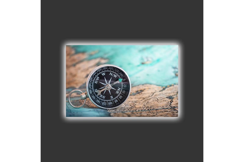 Canvastavla med LED-belysning - Kompass på en gammal karta med havstema - Turkos / Brunt / Svart - Inredning - Tavlor & konst - Canvastavlor