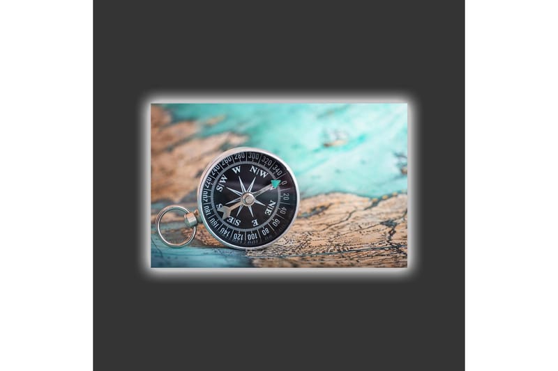 Canvastavla med LED-belysning - Kompass på en gammal karta med havstema - Turkos / Brunt / Svart - Inredning - Tavlor & konst - Canvastavlor
