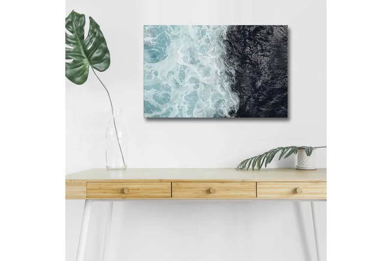Canvastavla med LED-belysning - Kontrast mellan turkosa vågor och djup svart havsyta, Turkos / Svart