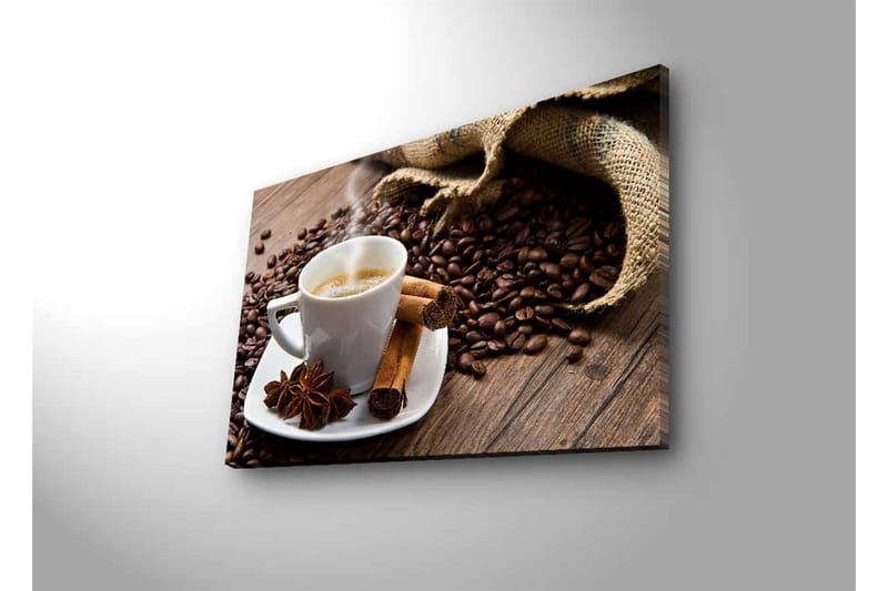 Canvastavla med LED-belysning - Kopp med ångande kaffe omgiven av kaffebönor och kryddor - Brun / Vit / Beige - Inredning - Tavlor & konst - Canvastavlor