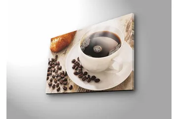 Canvastavla med LED-belysning - Kopp med svart kaffe och kaffebönor på ett bord - Svart / Brun / Vit - Inredning - Tavlor & konst - Canvastavlor