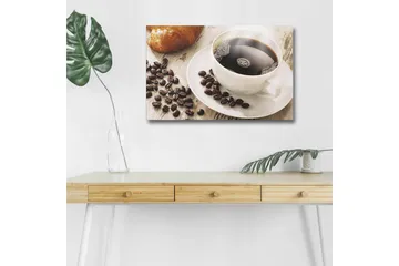 Canvastavla med LED-belysning - Kopp med svart kaffe och kaffebönor på ett bord - Svart / Brun / Vit - Inredning - Tavlor & konst - Canvastavlor