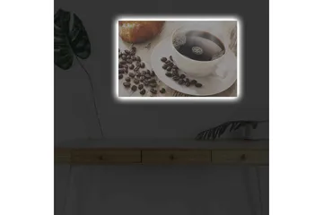 Canvastavla med LED-belysning - Kopp med svart kaffe och kaffebönor på ett bord - Svart / Brun / Vit - Inredning - Tavlor & konst - Canvastavlor