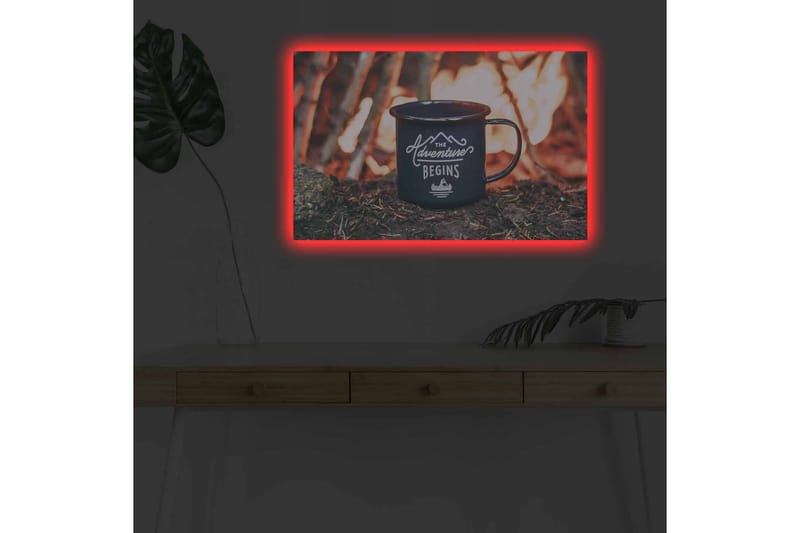 Canvastavla med LED-belysning - Kopp med text och bergslandskap i bakgrunden - Mörkblå / Orange / Grön - Inredning - Tavlor & konst - Canvastavlor