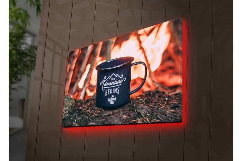 Canvastavla med LED-belysning - Kopp med text och bergslandskap i bakgrunden - Mörkblå / Orange / Grön - Inredning - Tavlor & konst - Canvastavlor