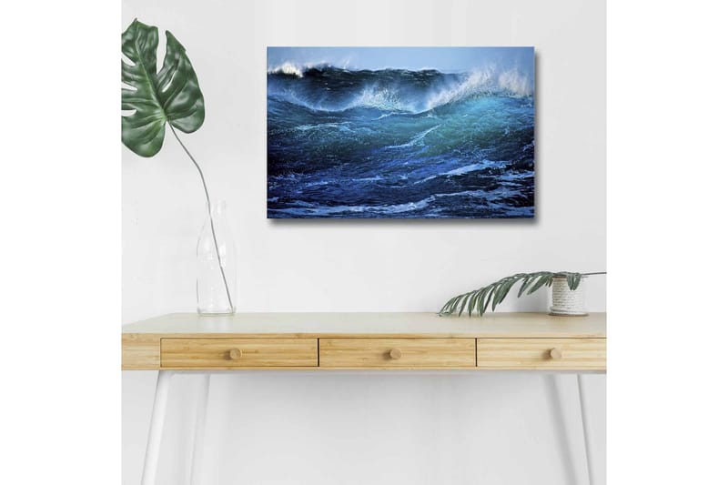 Canvastavla med LED-belysning - Kraftfull havsvåg med skummande toppar, Mörkblå / Turkos / Vit