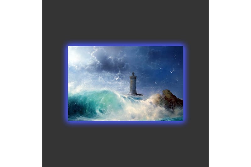 Canvastavla med LED-belysning - Kustlandskap med en fyr omgiven av kraftiga vågor - Mörkblå / Turkos / Vit - Inredning - Tavlor & konst - Canvastavlor