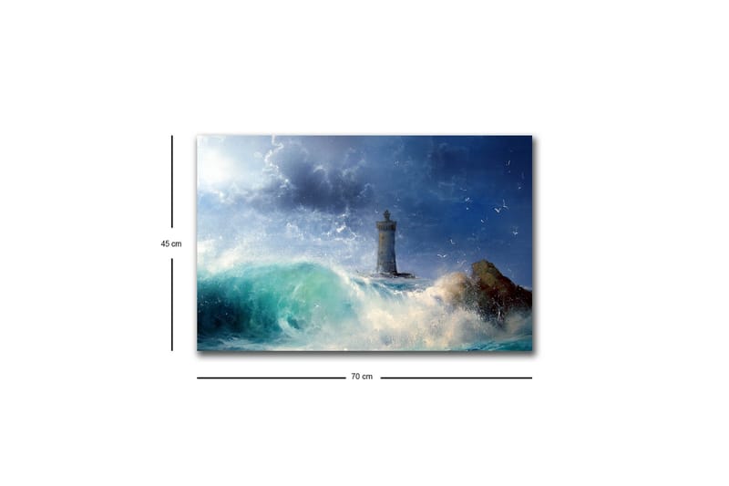 Canvastavla med LED-belysning - Kustlandskap med en fyr omgiven av kraftiga vågor - Mörkblå / Turkos / Vit - Inredning - Tavlor & konst - Canvastavlor