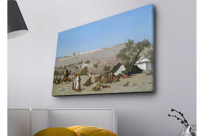 Canvastavla med LED-belysning - Landskap med beduiner och tält i ökenmiljö, Blå / Grön / Beige