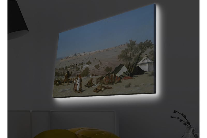 Canvastavla med LED-belysning - Landskap med beduiner och tält i ökenmiljö - Blå / Grön / Beige - Inredning - Tavlor & konst - Canvastavlor
