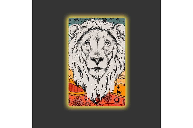 Canvastavla med LED-belysning - Lejonhuvud med färgglad bakgrund och mönster - Grå / Orange / Blå - Inredning - Tavlor & konst - Canvastavlor