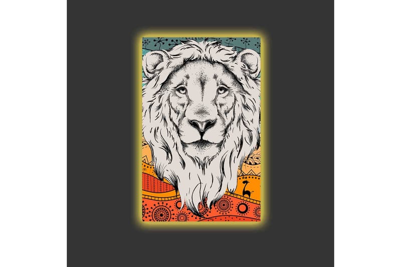 Canvastavla med LED-belysning - Lejonhuvud med färgglad bakgrund och mönster - Grå / Orange / Blå - Inredning - Tavlor & konst - Canvastavlor