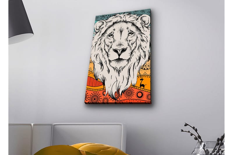 Canvastavla med LED-belysning - Lejonhuvud med färgglad bakgrund och mönster - Grå / Orange / Blå - Inredning - Tavlor & konst - Canvastavlor