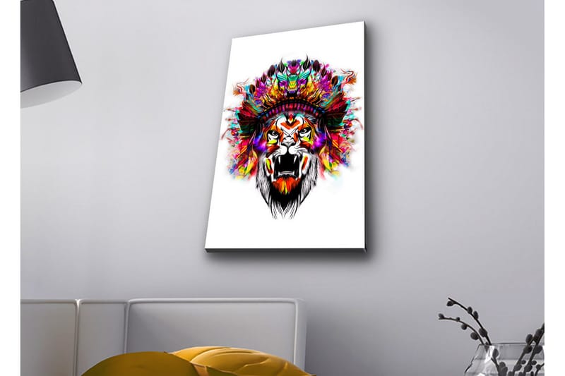 Canvastavla med LED-belysning - Lejonhuvud med färgglad fjäderskrud, Orange / Lila / Grön