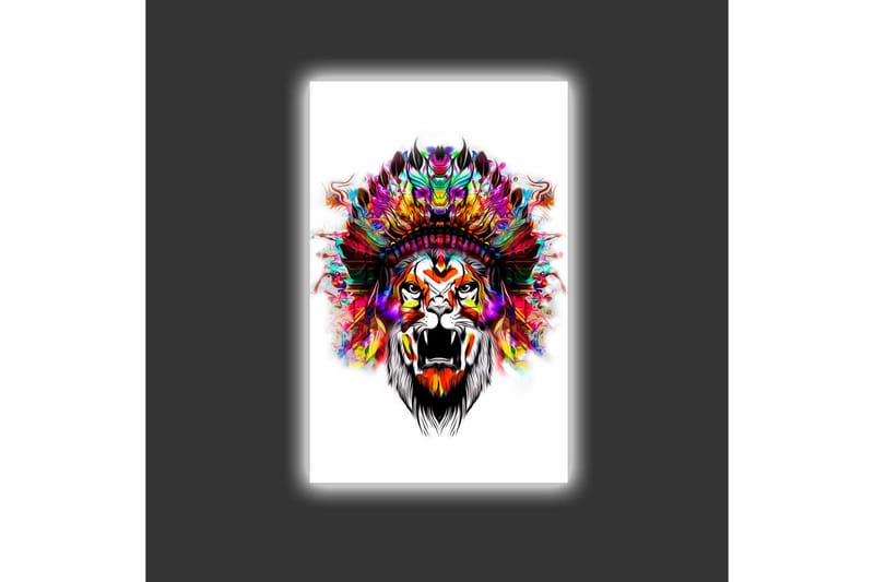 Canvastavla med LED-belysning - Lejonhuvud med färgglad fjäderskrud - Orange / Lila / Grön - Inredning - Tavlor & konst - Canvastavlor