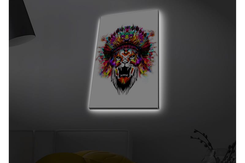 Canvastavla med LED-belysning - Lejonhuvud med färgglad fjäderskrud - Orange / Lila / Grön - Inredning - Tavlor & konst - Canvastavlor