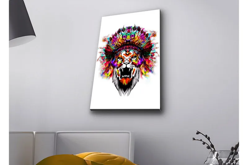 Canvastavla med LED-belysning - Lejonhuvud med färgglad fjäderskrud, Orange / Lila / Grön
