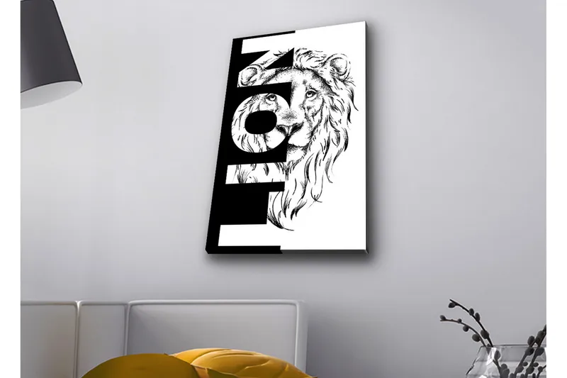 Canvastavla med LED-belysning - Lejonhuvud med grafiska element, Svart / Vitt