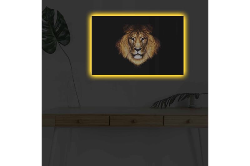 Canvastavla med LED-belysning - Lejonhuvud med intensiv blick - Guld / Svart / Brun - Inredning - Tavlor & konst - Canvastavlor