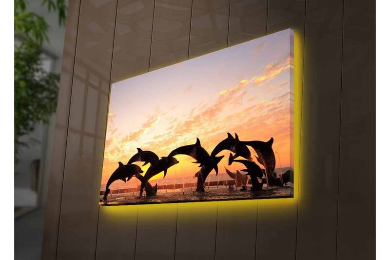 Canvastavla med LED-belysning - Lekfulla delfiner som hoppar i solnedgången - Orange / Svart / Blå - Inredning - Tavlor & konst - Canvastavlor