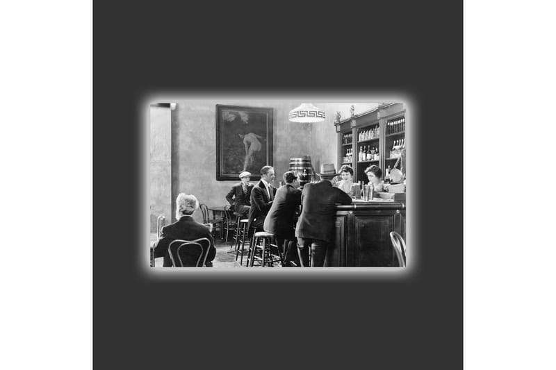 Canvastavla med LED-belysning - Livlig scen från en bar med människor i samtal och interaktion - Svart / Vit / Grå - Inredning - Tavlor & konst - Canvastavlor