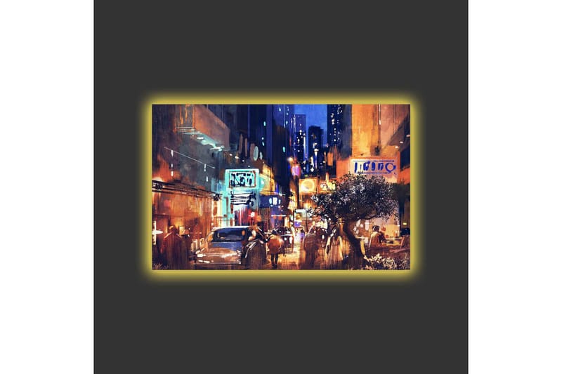 Canvastavla med LED-belysning - Livlig stadsbild med nattliv och bilar - Mörkblå / Orange / Grön - Inredning - Tavlor & konst - Canvastavlor
