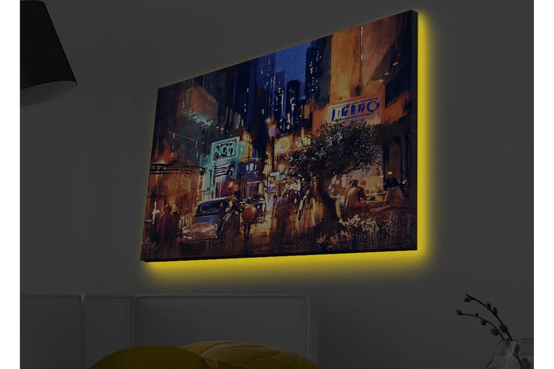 Canvastavla med LED-belysning - Livlig stadsbild med nattliv och bilar - Mörkblå / Orange / Grön - Inredning - Tavlor & konst - Canvastavlor